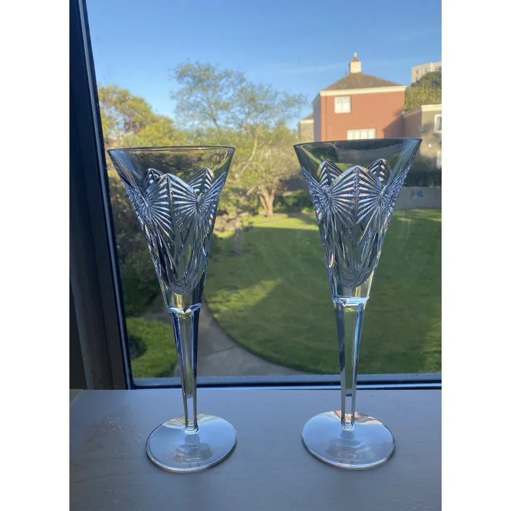 Pair Waterford Crystal Millennium HAPPINESS Toasting Flutes Champagne Glasses - Picture 8 of 8
